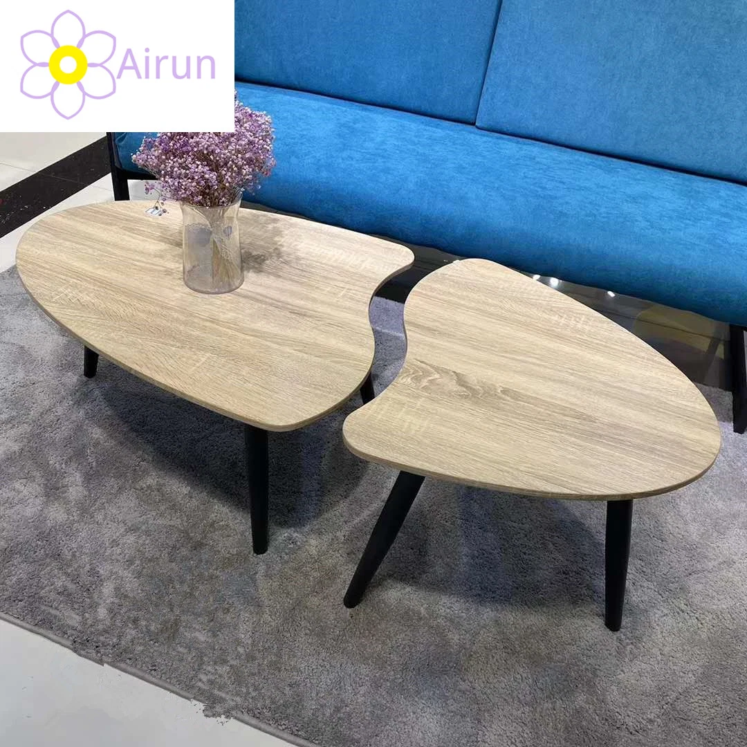 Table basse ronde en bois massif pour salon industriel commercial avec pieds métalliques - Ensemble de 2 tables.