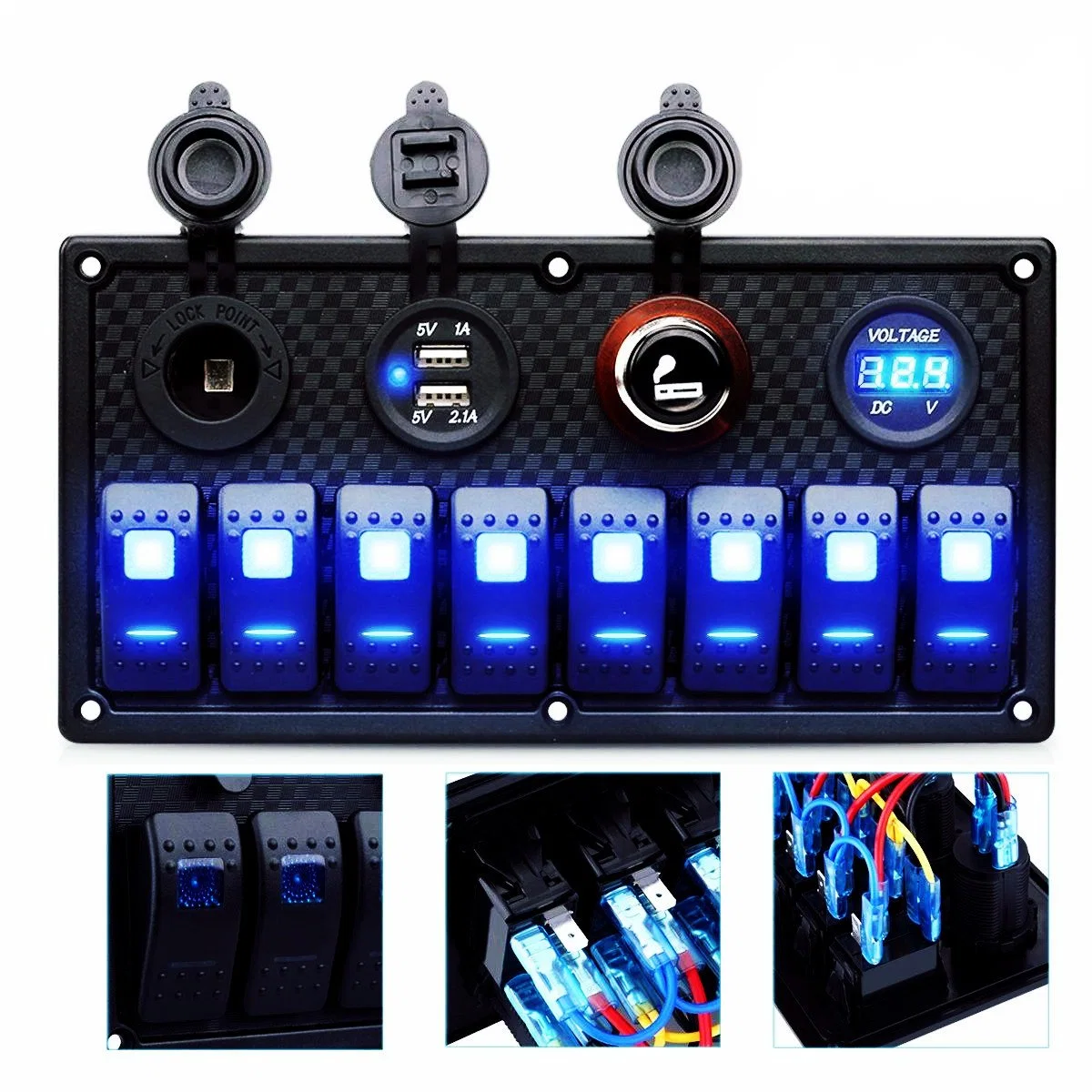 8 piste voiture Ar étanche Marine Marine étanche interrupteur à bascule de bateau à 5 broches +fusible du panneau double USB Slot LED lumière++ disjoncteur de prise de courant voltmètre