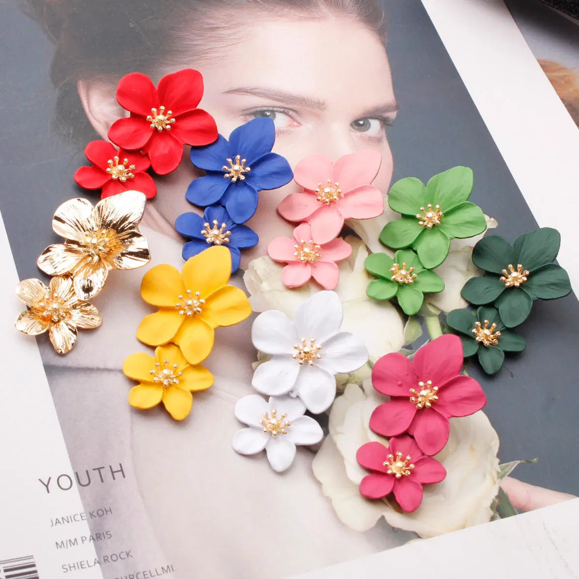 Boho Big Double Flower Drop Pendientes Verano Beach Party Moda Joyería