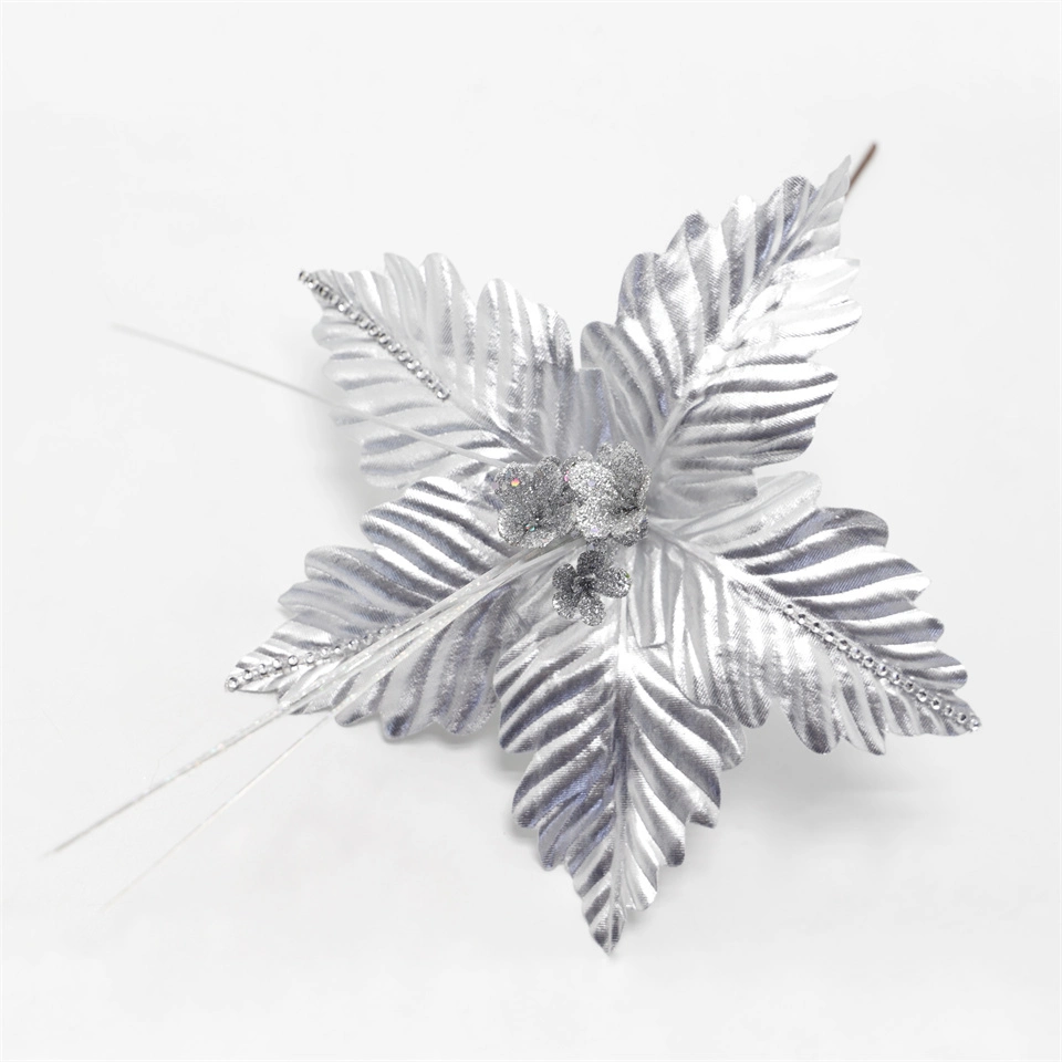 Silver Artificial Christmas Flower Popular Poinsettia Long Flower Core Christmas Flower Christmas Decoration