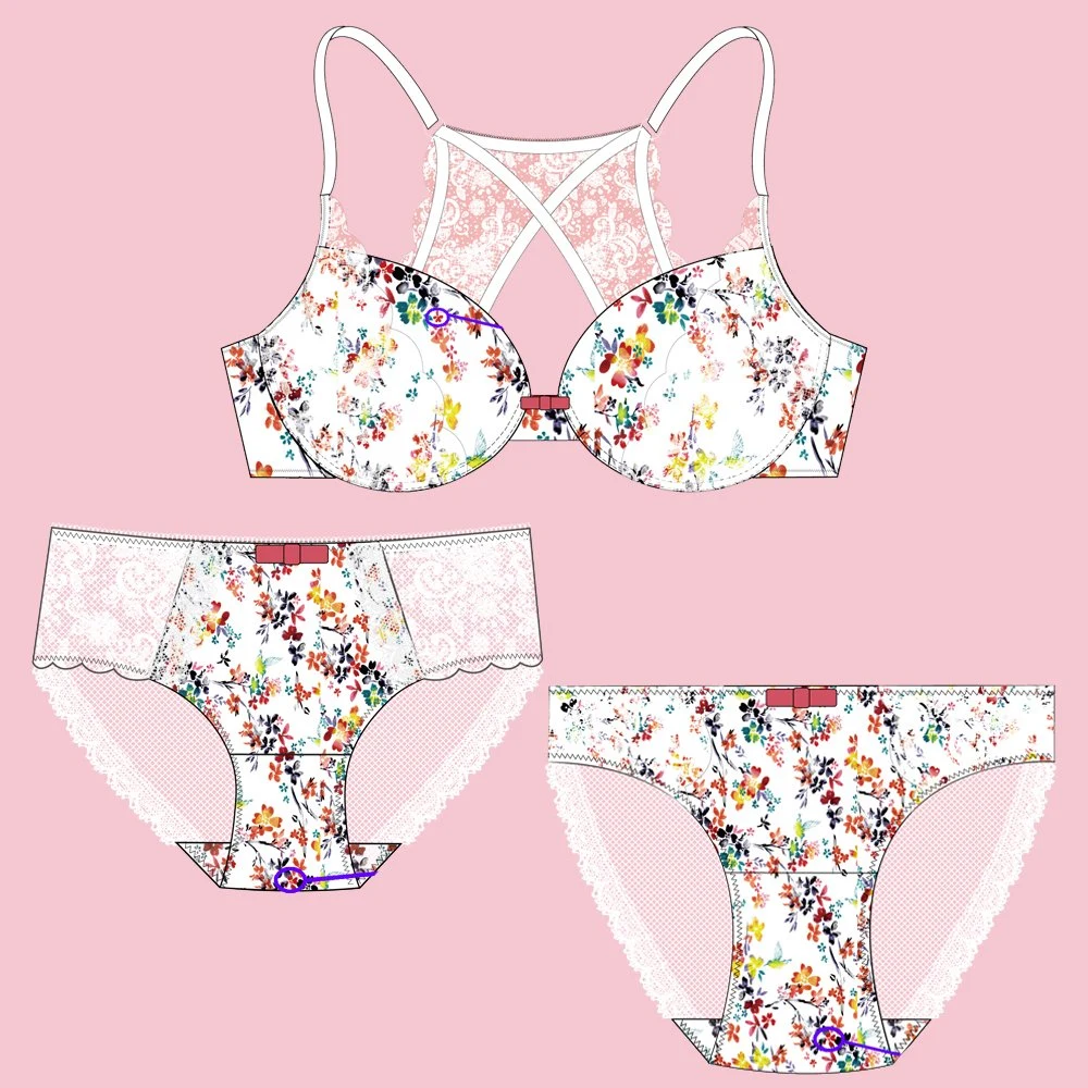 Underwear Set Lace Printed Bra Set with Hipster & Hi-Leg