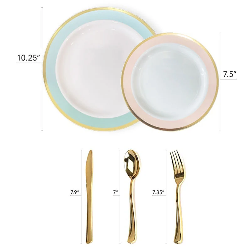 25 Guests Plastic Takeout Pink Cutlery Set Charger Plates Wedding Dinner Service Dinnerware Set Spoon Fork Knife Set