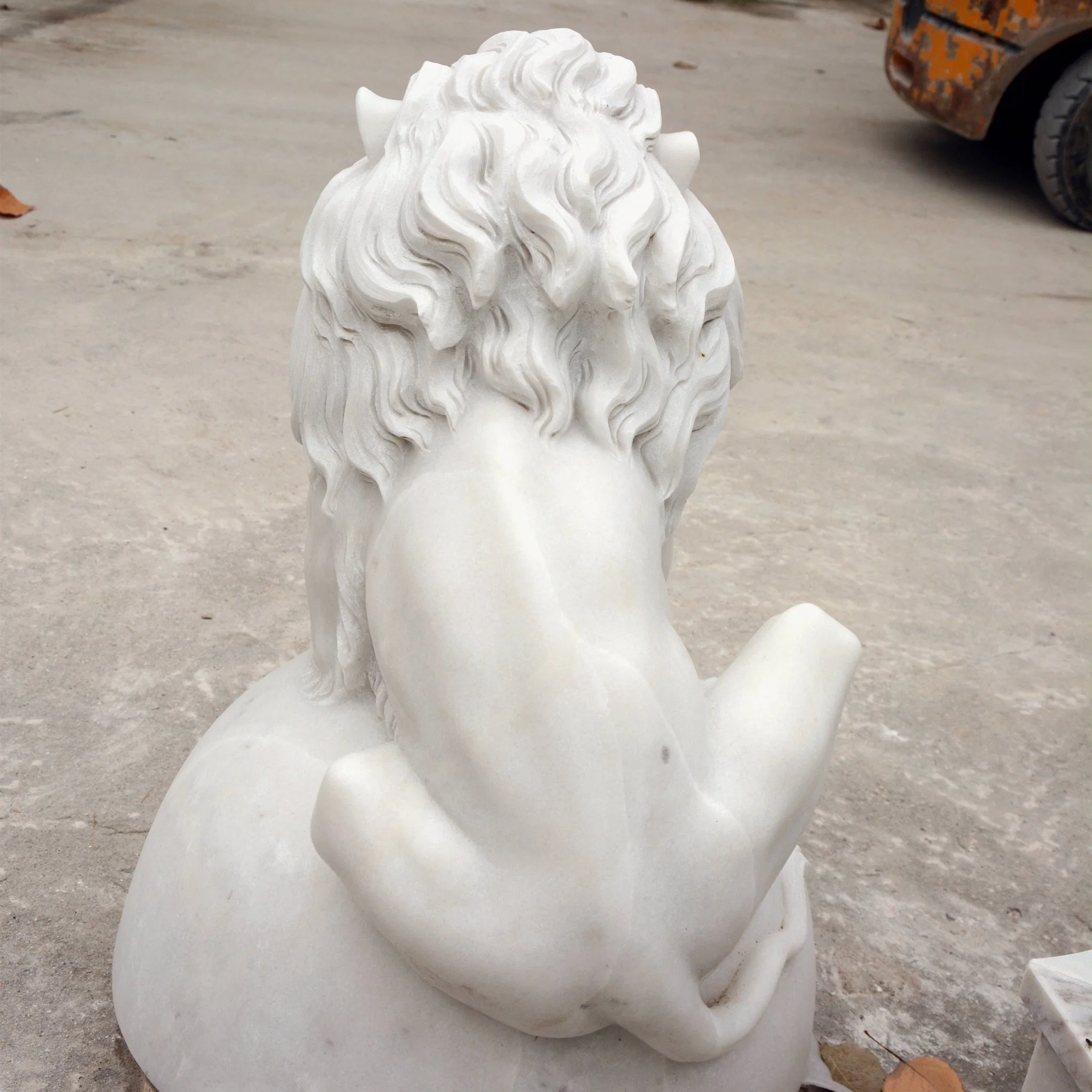 Custom Made White Marble Lion Resting on a Half Ball