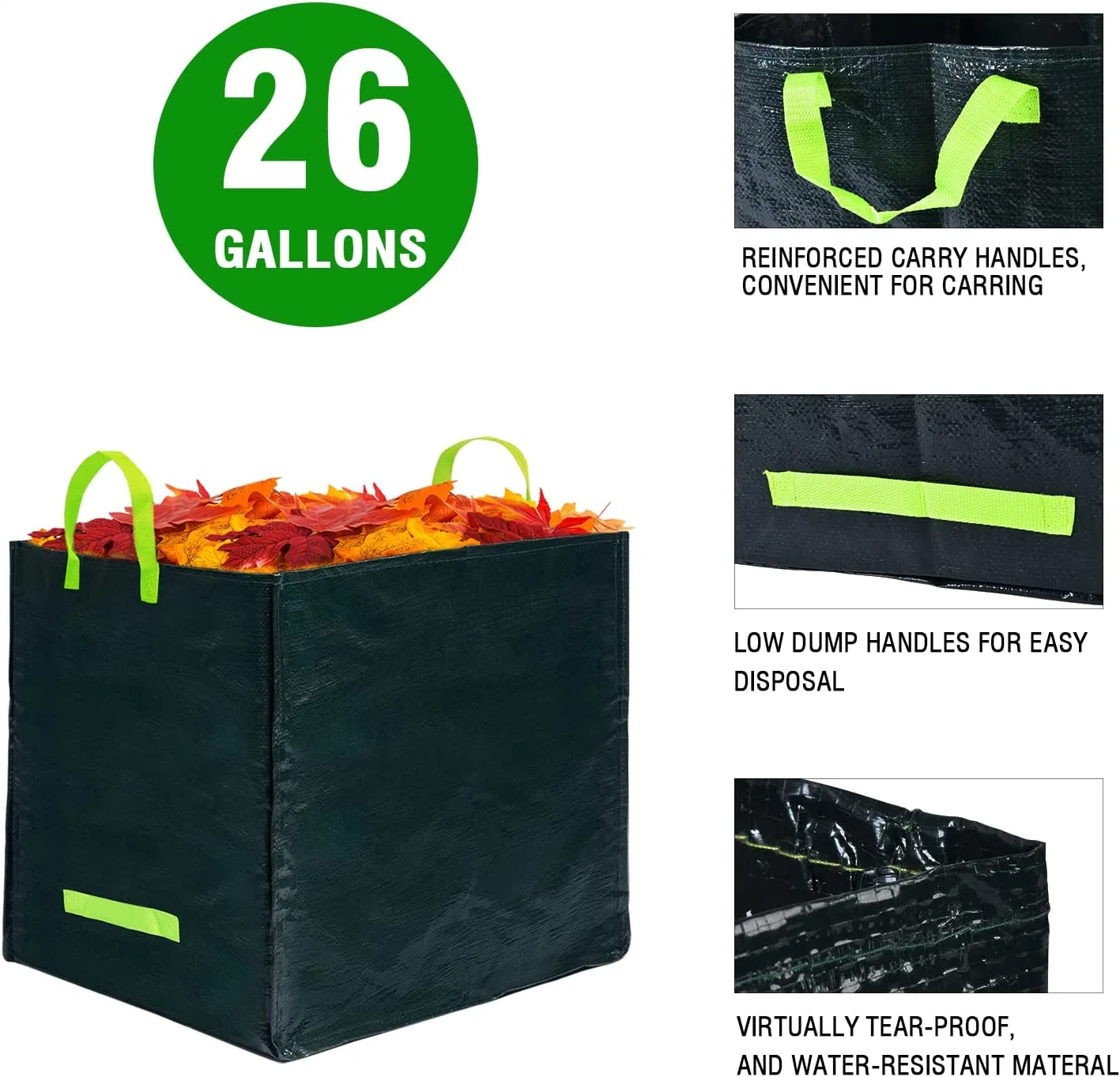 26 Galones Heavy Duty de la bolsa de jardín, un gran patio de la bolsa de residuos reutilizables para la recolección de hojas, resistente al agua de la bolsa de basura