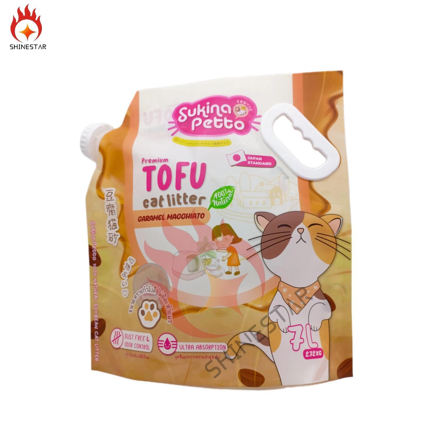 Розовый кошка тофу Плитка Пластиковая упаковочная сумка жидкая желто-мешок С боковой ручкой и соплом