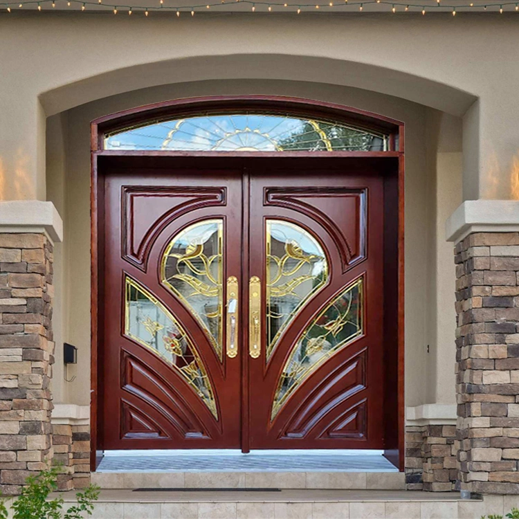 Diseño de puerta principal de madera redonda de lujo con ventana de vidrio para protección moderna contra robos en residencias