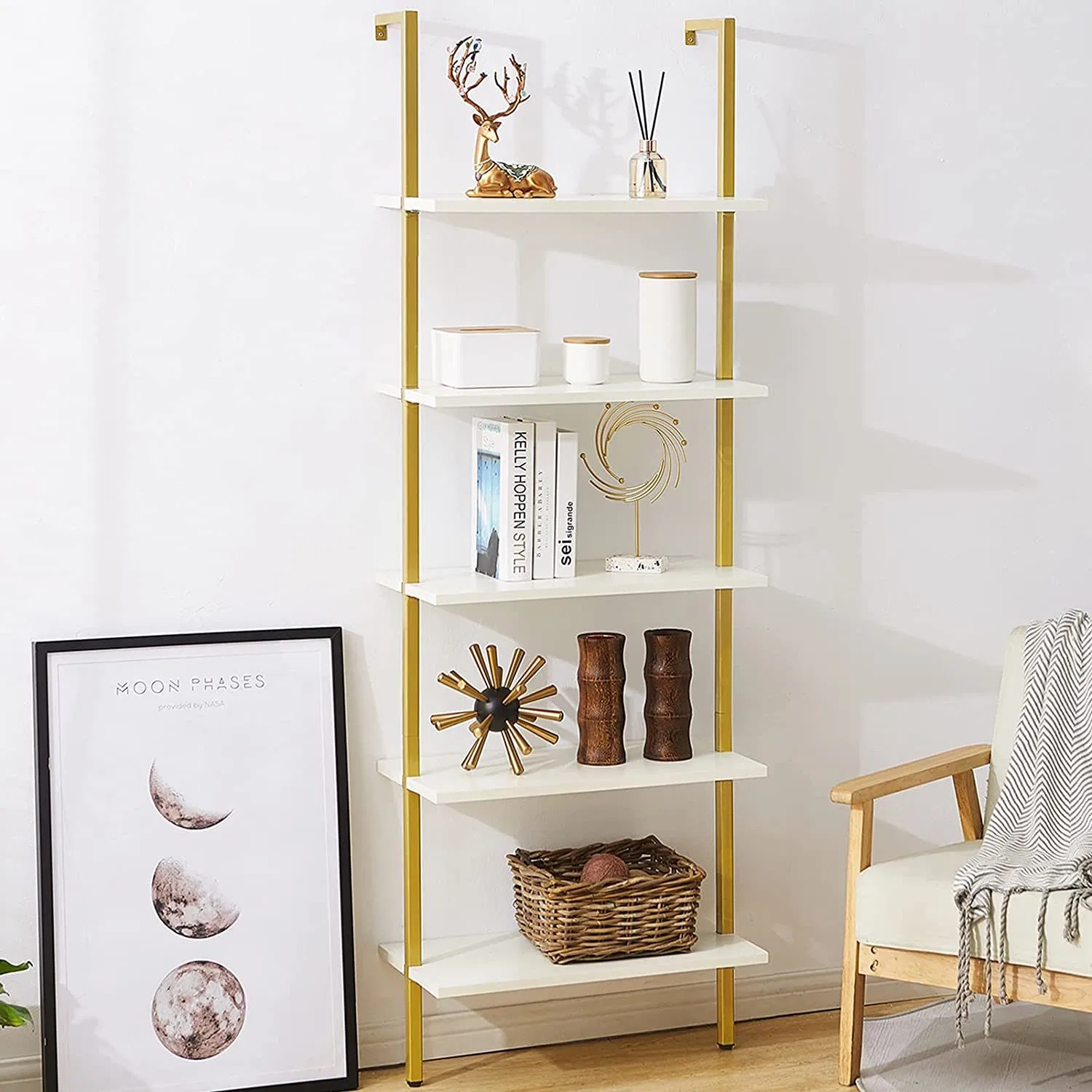 American Style White Color Wooden Bookcase with Cabinet