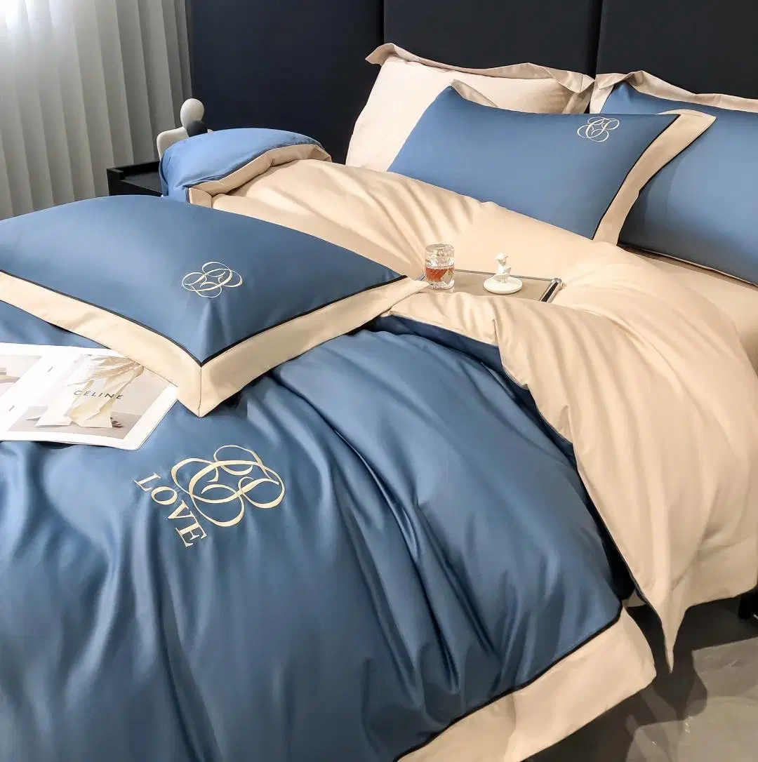 Mayorista Azul simple Hogar Textil piel-amigable sólido Color edredón Funda 100% algodón sábanas ajustadas almohada tamaño queen Cajas ropa de cama