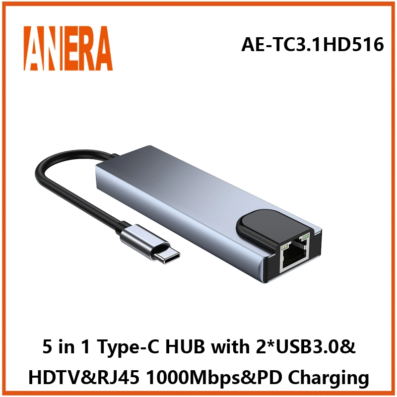 Anera High Performance 5 in 1 Multifunktions-USB C tragbar Nabenadapter-Konverter Typ C mit 1000Mbps LAN USB3,0 Hub Pd-Ladefunktion und HDMI