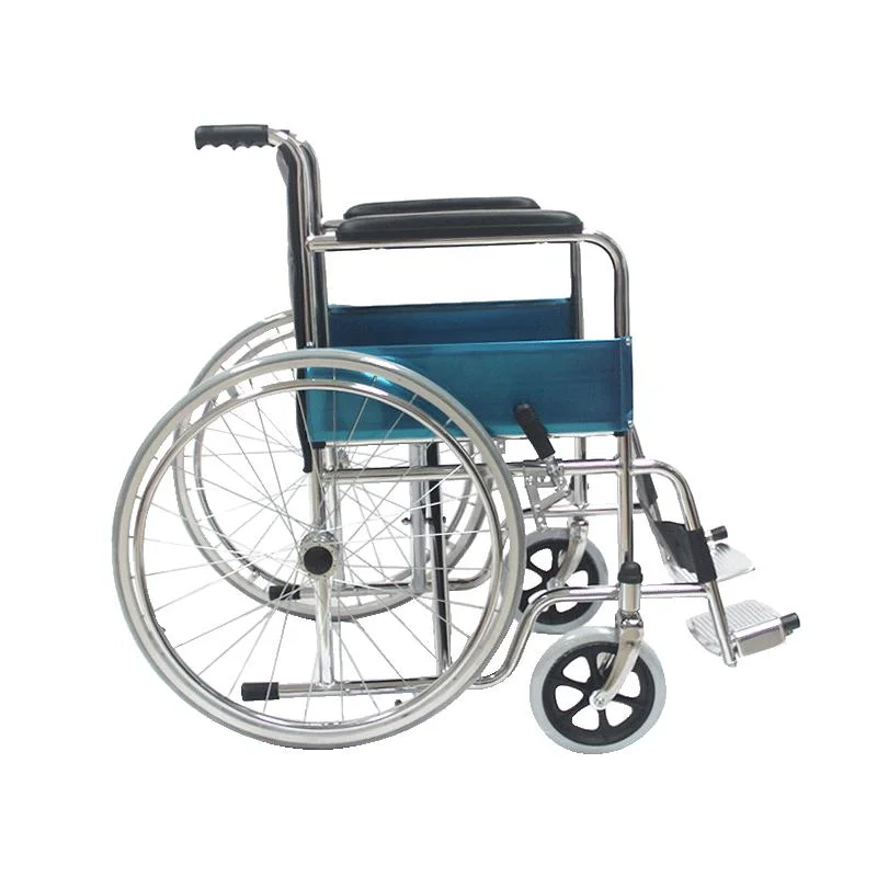 Cadeira de rodas manual dobrável para economia com estrutura cromada direta, aço inoxidável médico básico de hospital, auxílio de mobilidade em alumínio.