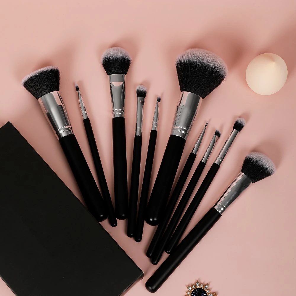 Vegan 10PCS Wood Handle Makeup Brush Set Black Luxury Wholesale Makeup Brush Kit