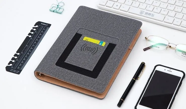 2023 Amazon Hot Sale Custom LED Logo Wireless Charging Power Bank Notebook Fashion Office Supplies PU Leather Diary Notebook