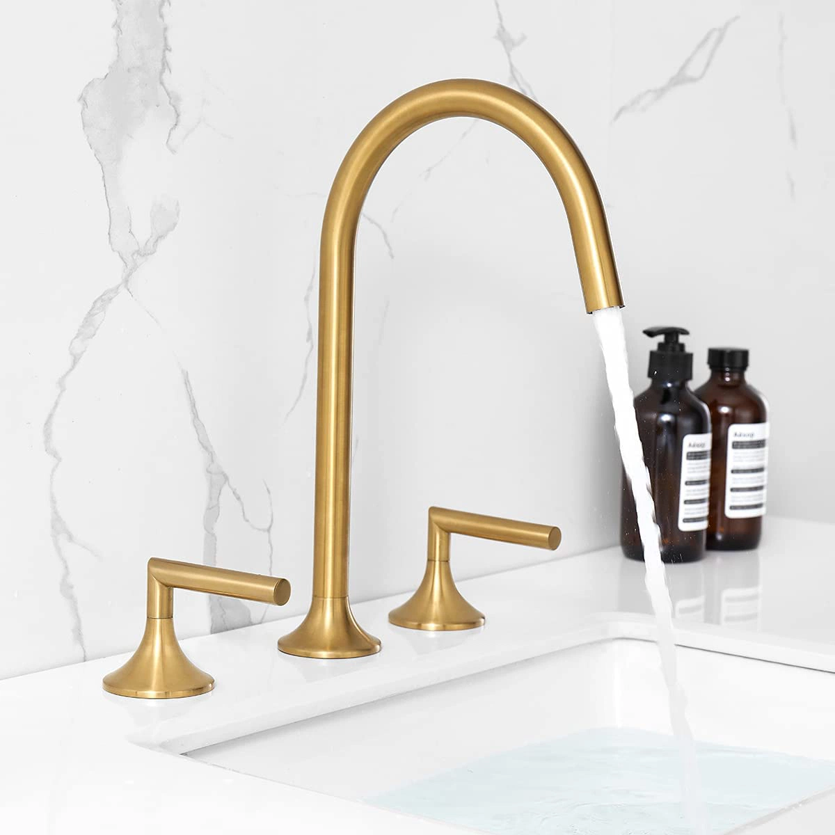 Luxus Rose Gold Badezimmer Wasserhahn 3 Loch Bassin Wasserhahn mit Ablassen