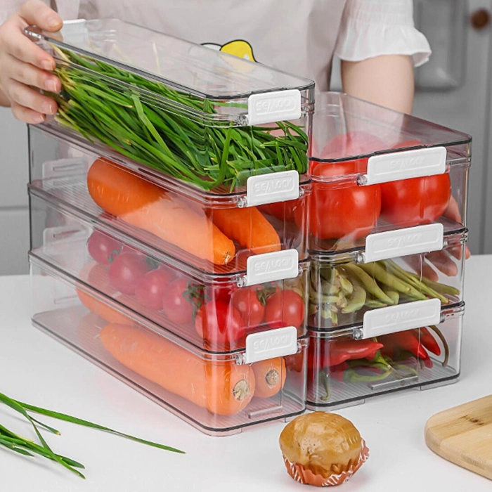 Organizador de despensa apilable Bins contenedor de almacenamiento de plástico para congelador de cocina Encimeras Gabinetes