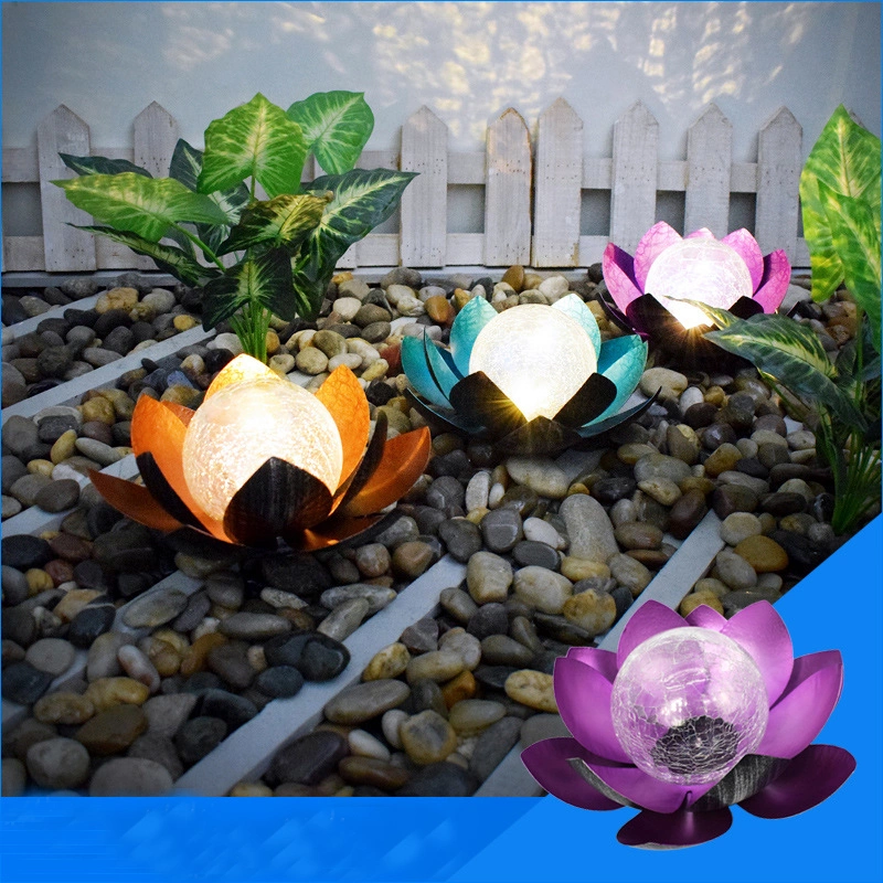 Metal Lotus Flower Crackle Glass Globe Solar LED Colorful Light Decoration