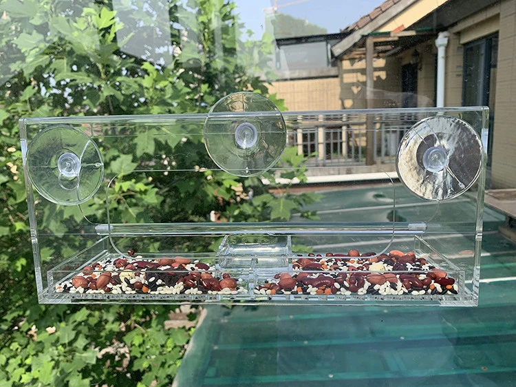 Alimentadores de pájaros de ventana transparente acrílica con vasos de succión fuerte