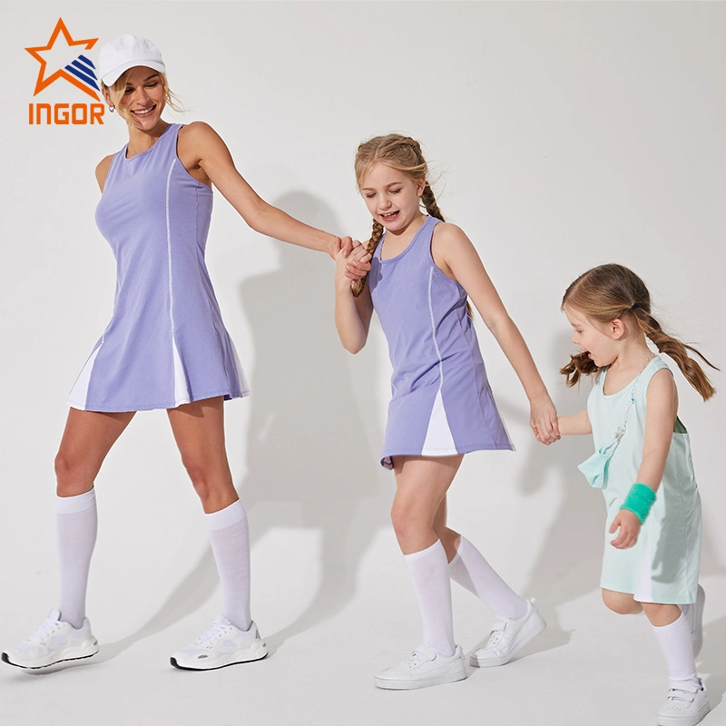 Ingorsports Manufacturing Custom Activewear Race Back Design White Contrast Sewing Line One Piece Skirt for Kids Casual Sports Wear