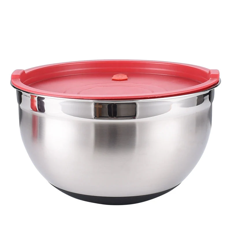 304 Stainless Steel Salad Mixing Bowls with Cover Lid and Non-Skid Silicone Base