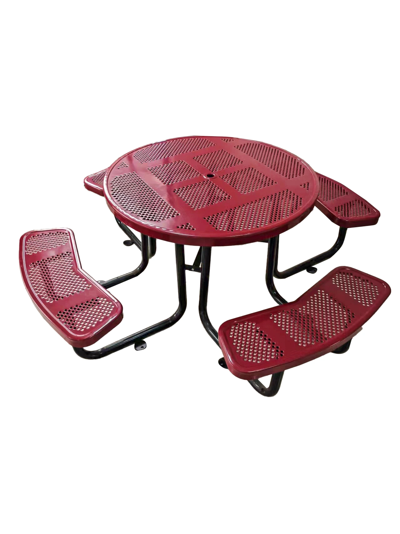 OEM 46" Red Round Hole Garden Picnic Table and Chairs Set Outdoor Metal Table Round Table