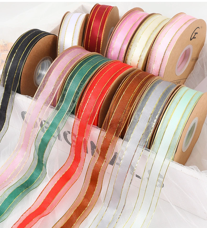 Großhandel OEM / Custom Wired Translucent bunte transparente Gold / Silber Rand Nylon Plaid Organza Band für Kuchen Dekorieren