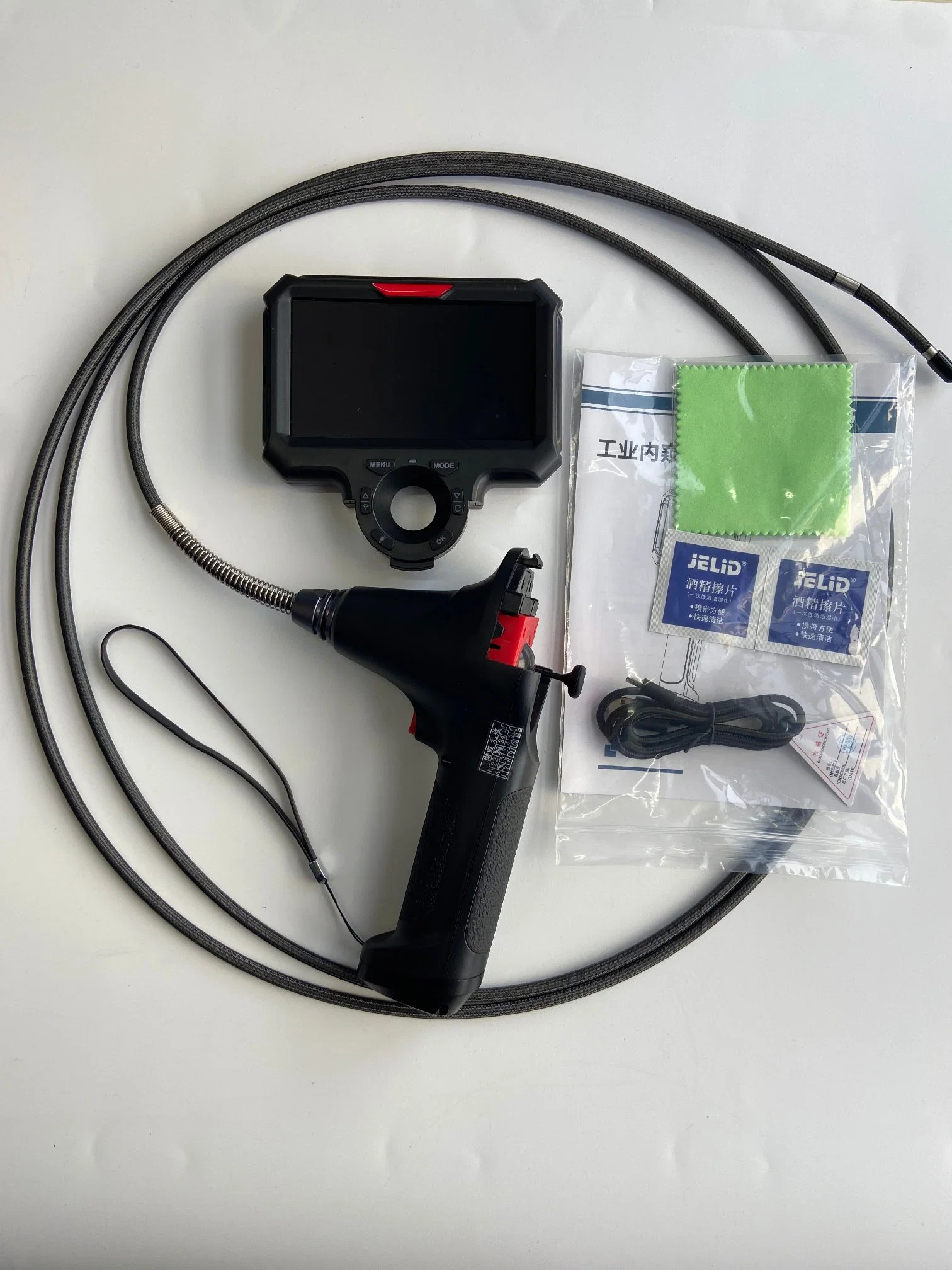 Flexible Industrial Video Endoscope with 360 Degree Joystick Articulation, 5 Inch IPS Screen, Tungsten Braided Tube, 1mt Testing Cable