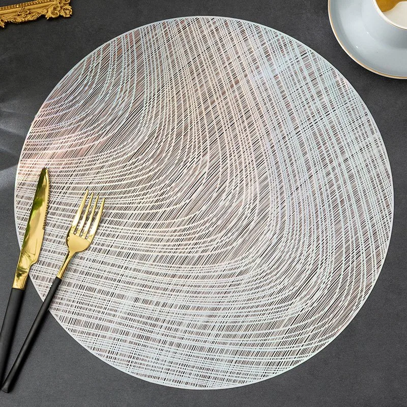 Europe Round Vinyl Dining Table Mats PVC Pressed Leaf Pattern Placemats Party/Wedding Round Striped Placemats