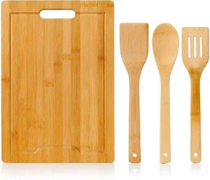 Bamboo Cooking Cutting Board with 3 PCS Cookware Utensil Set