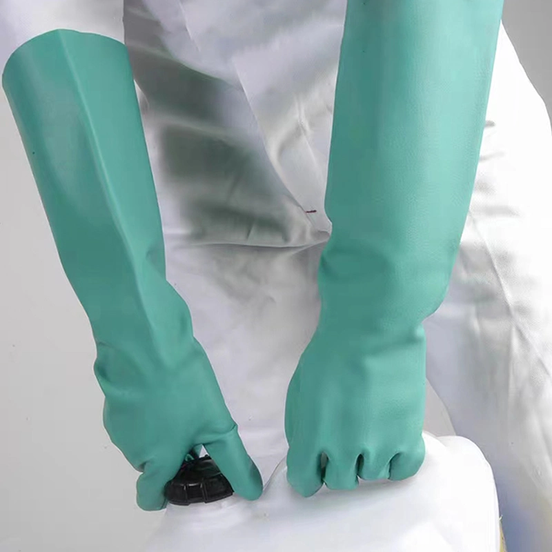 Long Green Nitrile Cotton Flock-Lined Chemical Resistant Safety Gloves Luvas Guantes 15 Mil 18" Length En420 En374-2 4101