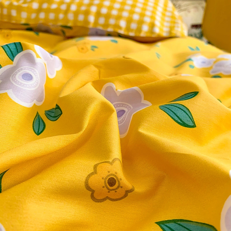 Yellow Small Flower Printing Cotton Bedsheets Comforter Bedding Set 4 PCS Modern Floral Print Bed Spreads Sets