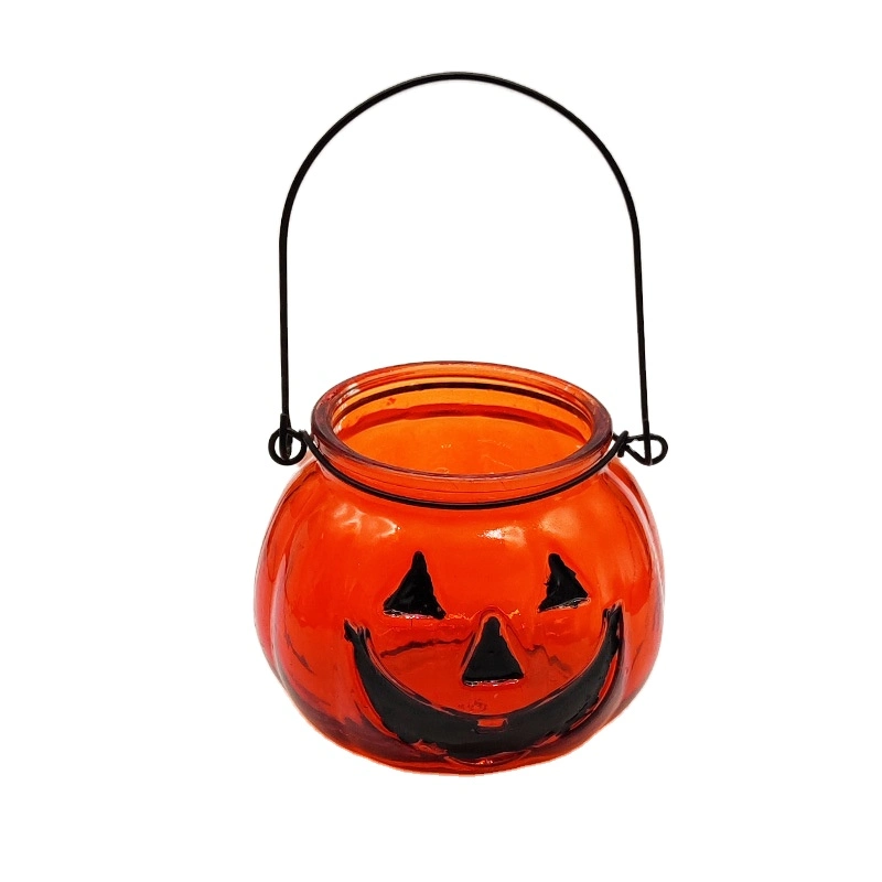 Home Decoration Orange Halloween Glass Pumpkin Candle Holders with Metal Hanger