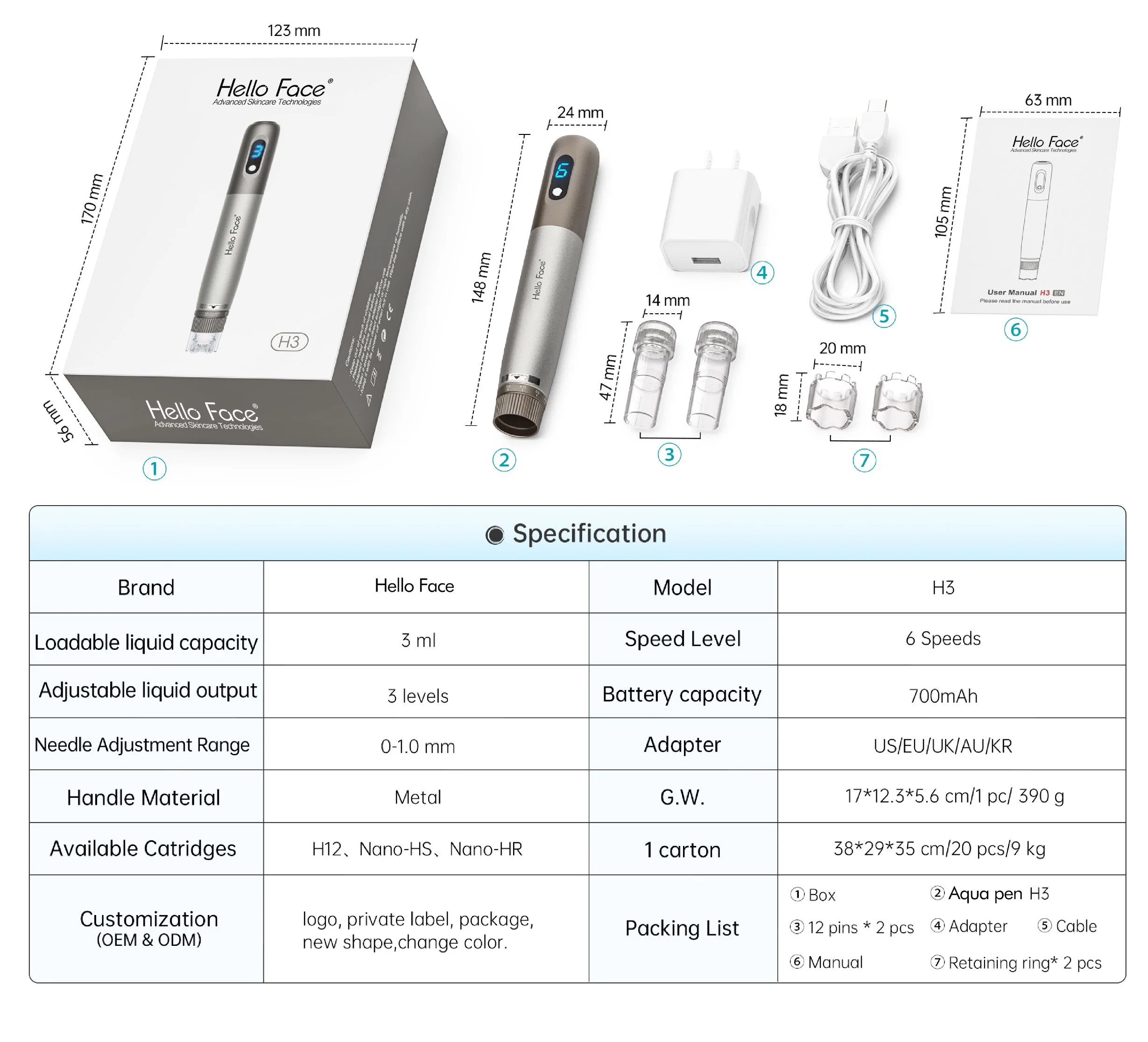 Rechargeable Hydra Pen Hello Face H3 Mesotherapy Microneedling Pen