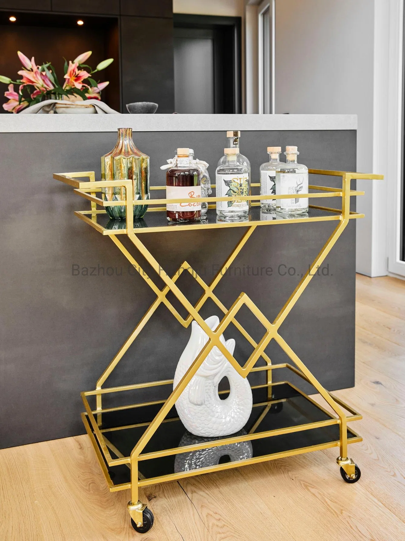 Modern Rectangle Golden Stainless Steel Frame 3 Glass Layers Hotel Serving Trolley Hotel Furniture for Sale