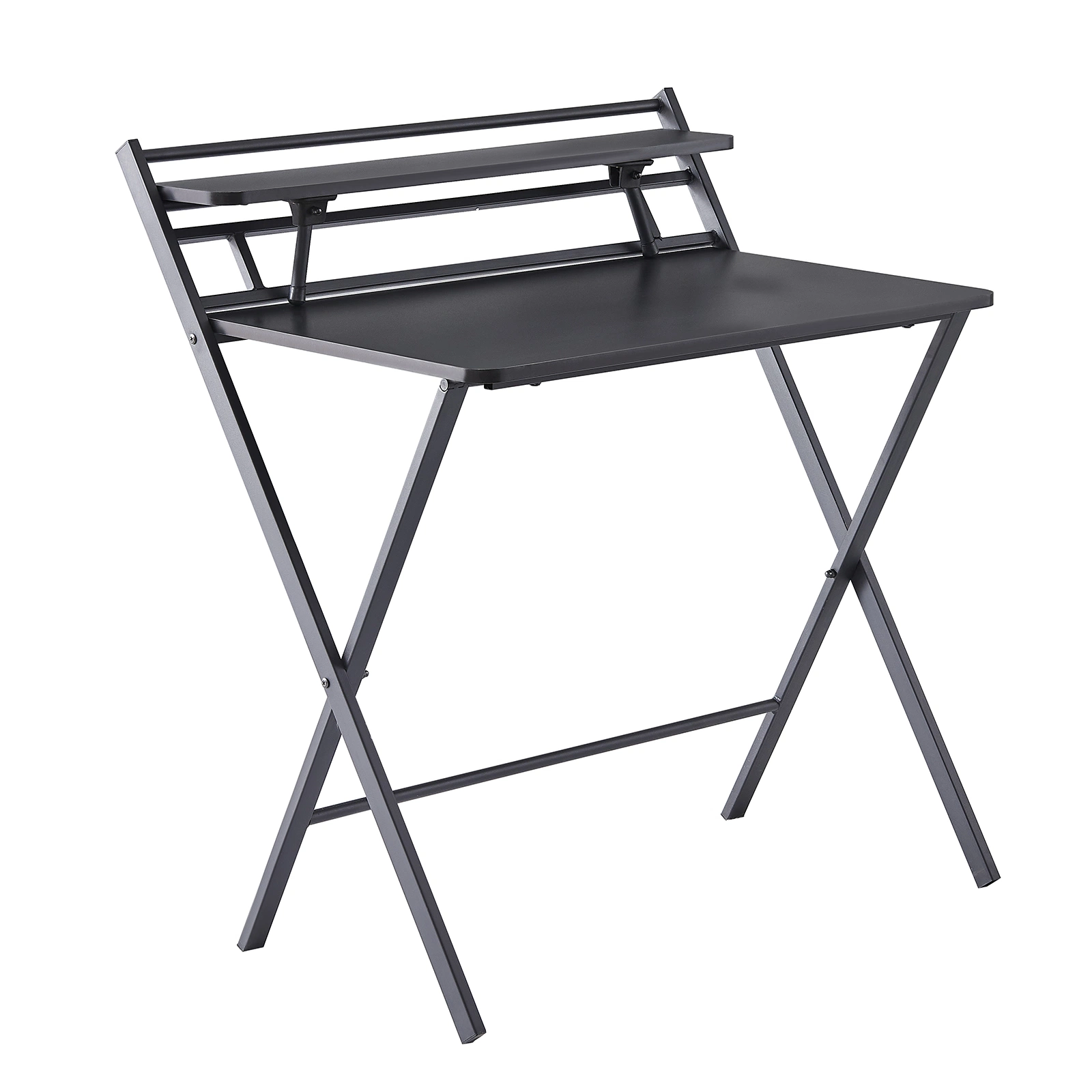 Folding 2 Tier Foldable Assembly Saves Space for Home Office Study, Metal Frames/Wood Top Laptop Table, Black Computer Desk Black Ws-Swf-Sk-CT12