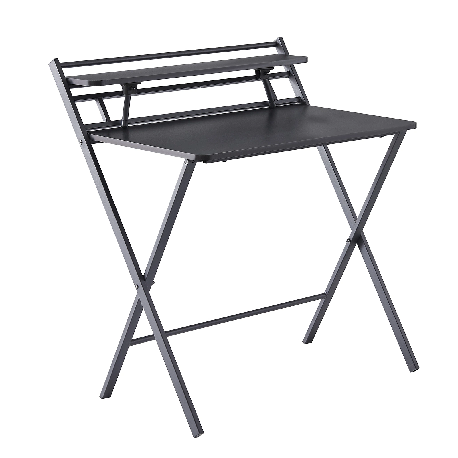 Faltbare 2-Tier-Faltmontage spart Platz für Home Office Studie, Metallrahmen / Holz Top Laptop-Tisch, Schwarz Computer Schreibtisch Schwarz WS-SWF-Sk-CT12