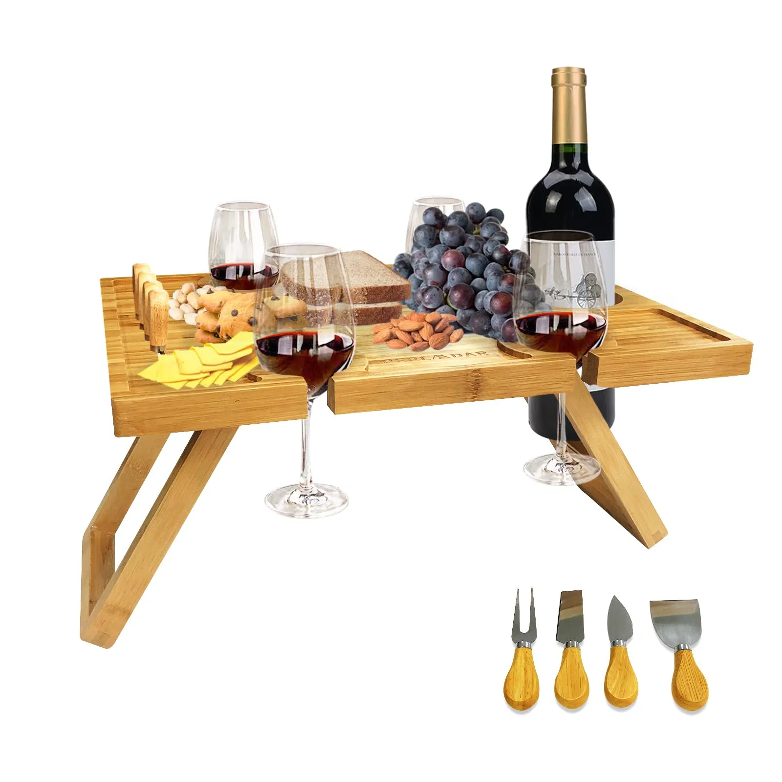 Bamboo Snack Wine and Glass Outdoor Wooden Foldable Champagne Camping Table