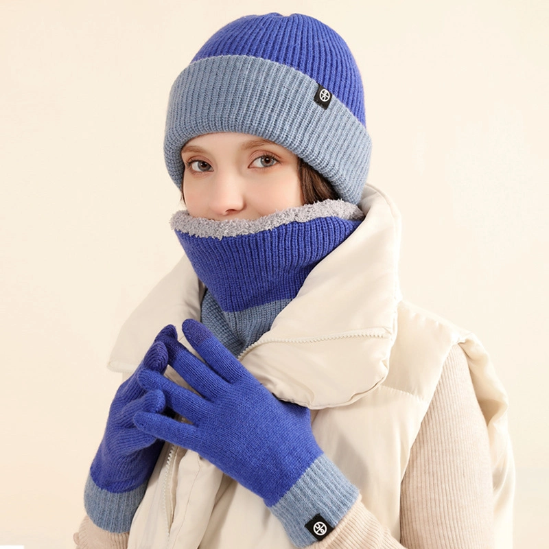 Winter Unisex Striped Knitted Rib Plain Hat Gloves Scarf Set