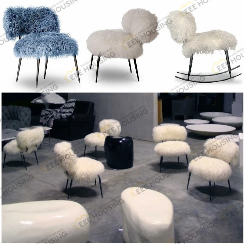 Original Factory Direct Supply New Lounge Chair Wool Fabric Lounge Chair Modern White Armchair Faux Sheepskin Leisure Chair with Metal Base