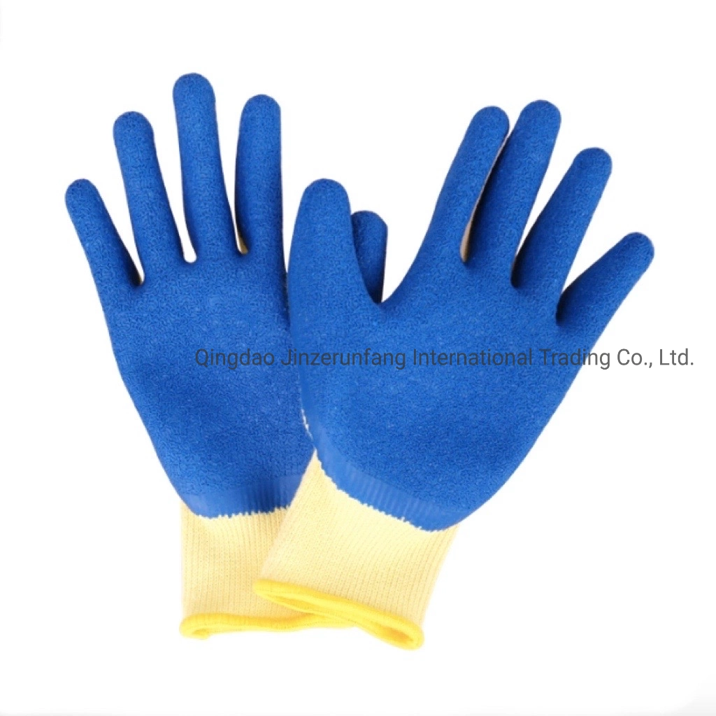 En388 Blue Latex Wrinkled Coated Yellow Polyester Safety Work Construction Gloves