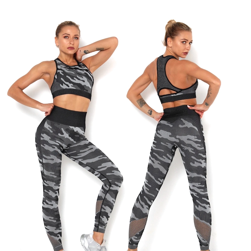 Factory Sale Camouflage Pattern Seamless Gym Workout Outfits Sport Apparel for Women, Black High Waist Leggings and Racer Back Yoga Bra Female Activewear Set