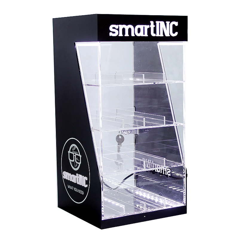 Auto Feed Products Spring Loaded Tobacco Retail Store Smoke Shop Display Case RGB Acrylic Cigarette Rack Display with LED Lights