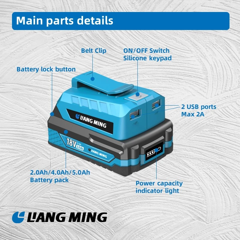 18V/20V rango inalámbrico de litio li-ion adaptador de corriente USB portátil