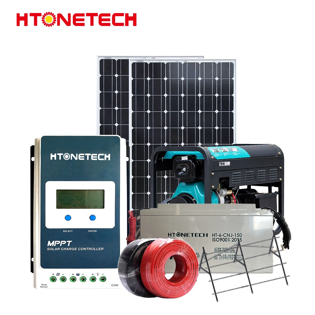 Htonetech 10FT نظام الطاقة الشمسية للحاويات خارج صناعة الشبكات الصين 38kw مولد الديزل التوربيني بالوجه ثنائي الوجه بقوة 600 واط ذو اللوحة الشمسية بقدرة 3 كيلوواط النظام