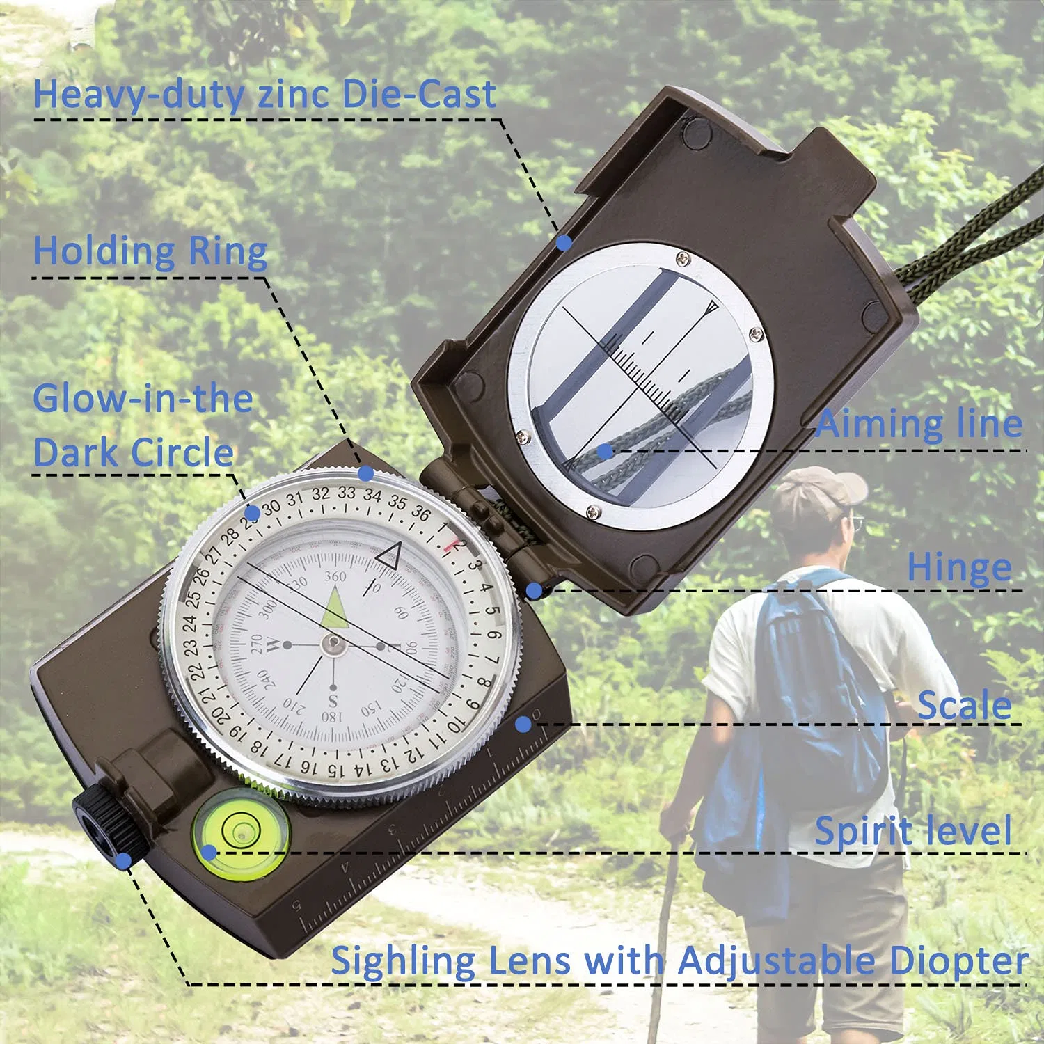 Hiking Camping Multifunctional Inclinometer Sighting Optic Resistant Waterproof Compass