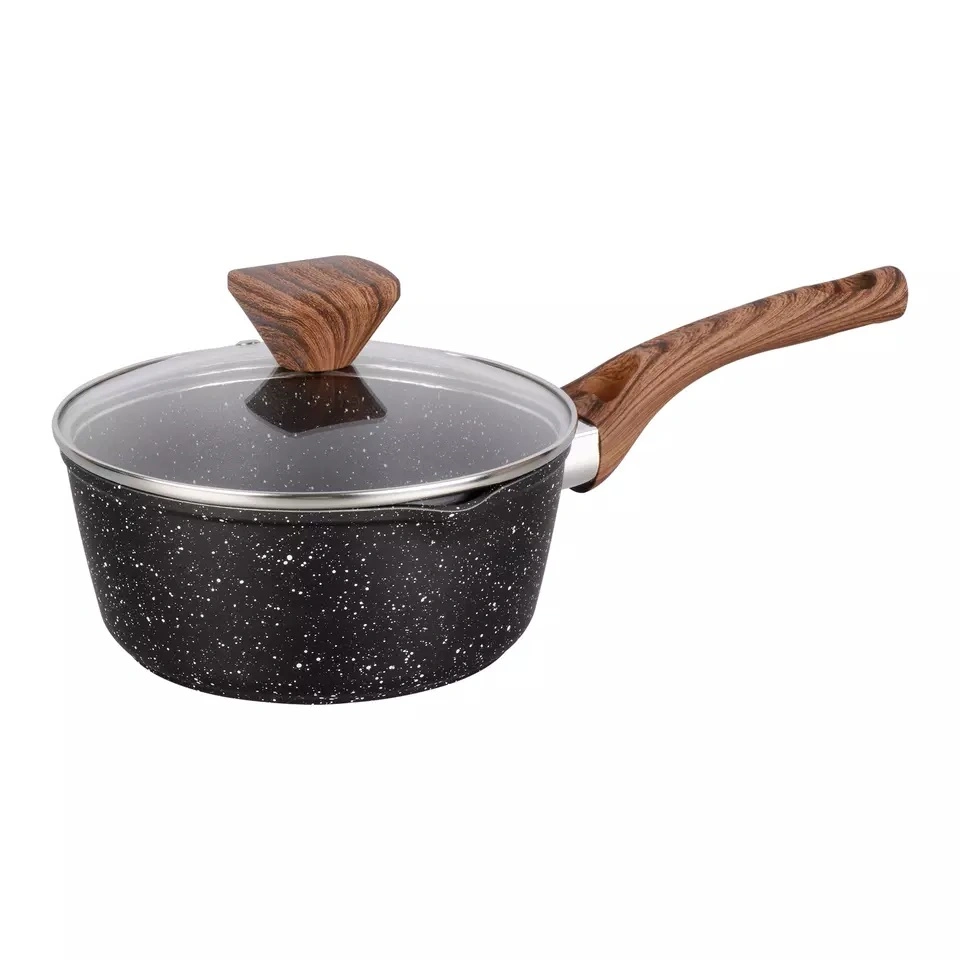 7pcs Non Stick Ustensiles de cuisine en bois en pierre de granit avec poignée douce au toucher des pots et casseroles en aluminium forgé une batterie de cuisine ensemble avec l'induction bas