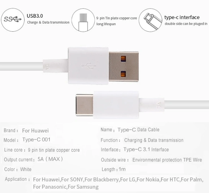 Cabo USB tipo C de 5 V e carregamento super rápido USB 3.0 de 5 V. Cabo 3.1 tipo C para Huawei para telemóveis Android