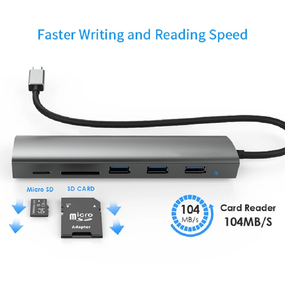 Type C Gen1 USB3.0 to 3-Port Aluminum Hub Card Reader DC Port