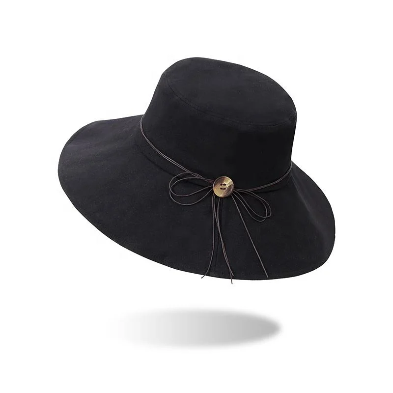 Preço Atacado Women Wide brim Lady Sun Hat com corda Gorro de Verão preto Bucket preto entrançado com chapéus