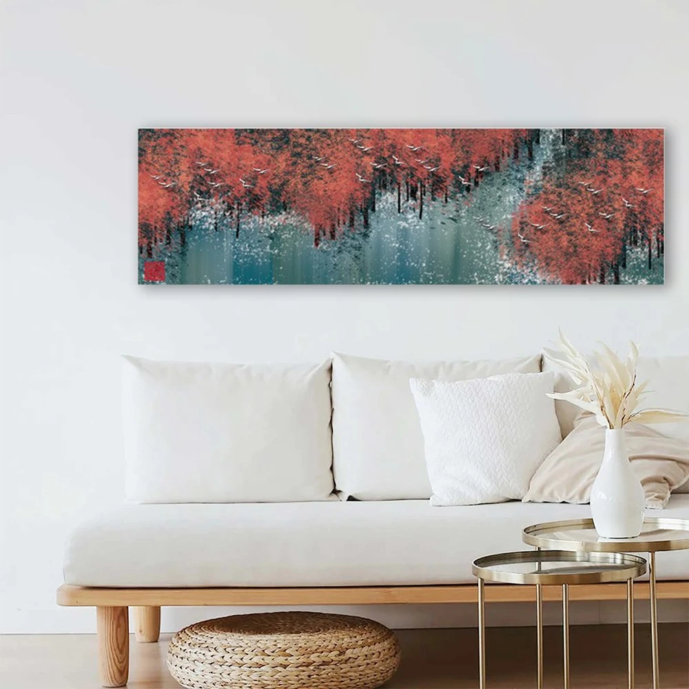 Wholesale Modern Abstract Canvas Art Paintings Digital Printed Autumn Red Forest and Lake for Living Room Decoration