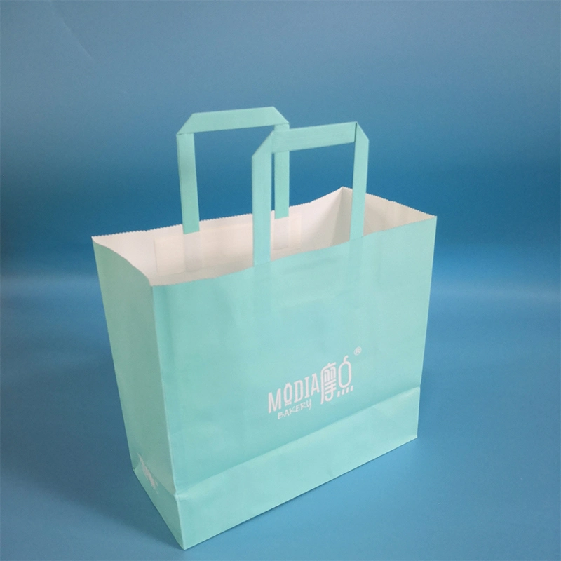 Recycled Blue White Food Grade Biodegradable Paper Package Shopping Bag for Cake Bread Biscuit