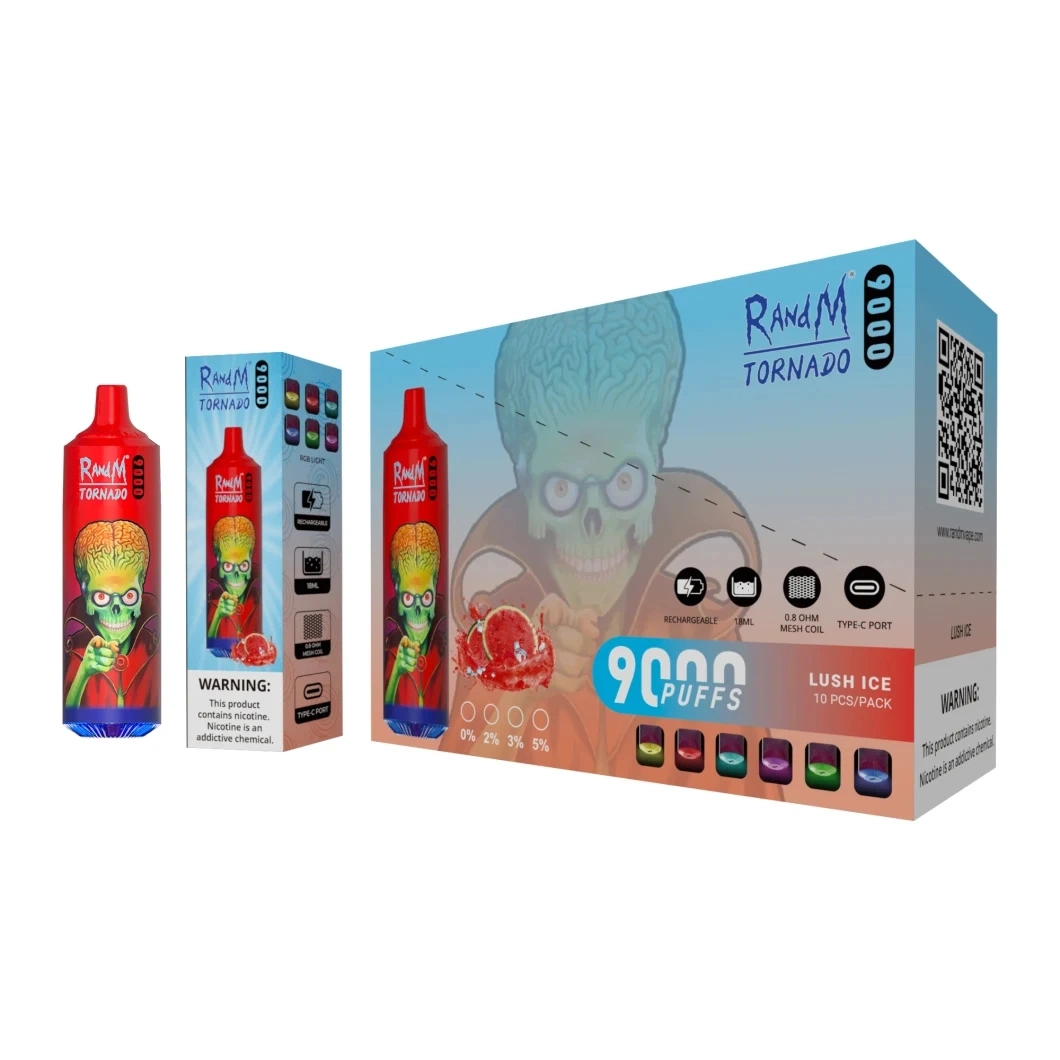 Neu eingeführte 9K Puffs Randm Tornado 9000 18ml E-Liquid &amp; Typ C Wiederaufladbare 850mAh Einweg ecig 9000 Puffs